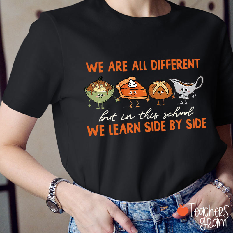 We Are All Different But In This School We Learn Side By Side Teacher T-Shirt