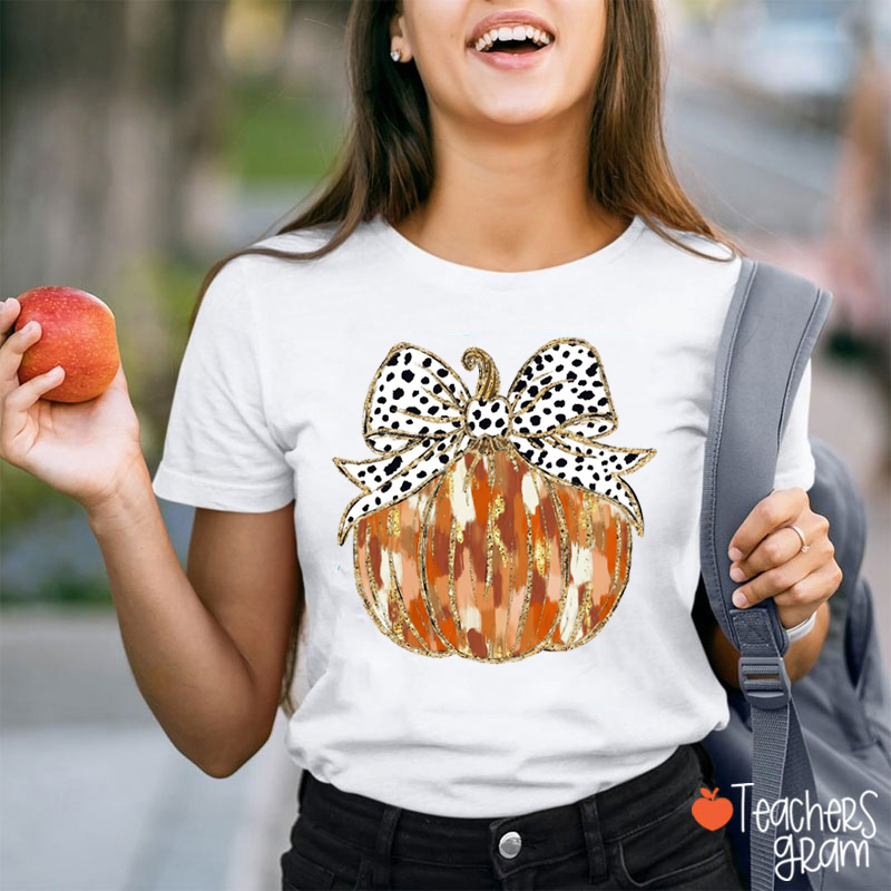 Fall Coquette Gold Glitter Pumpkin Teacher T-Shirt