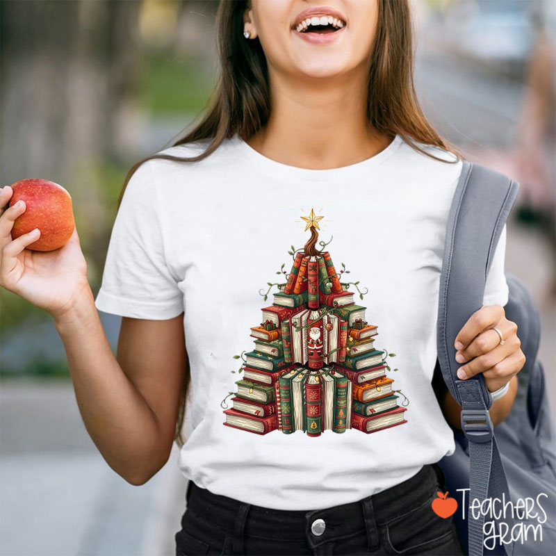 Christmas Book Tree Book Lover Teacher T-Shirt