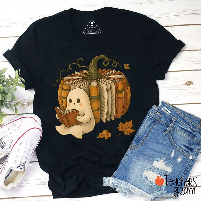 Ghost Reading Book Pumpkin Teacher T-Shirt