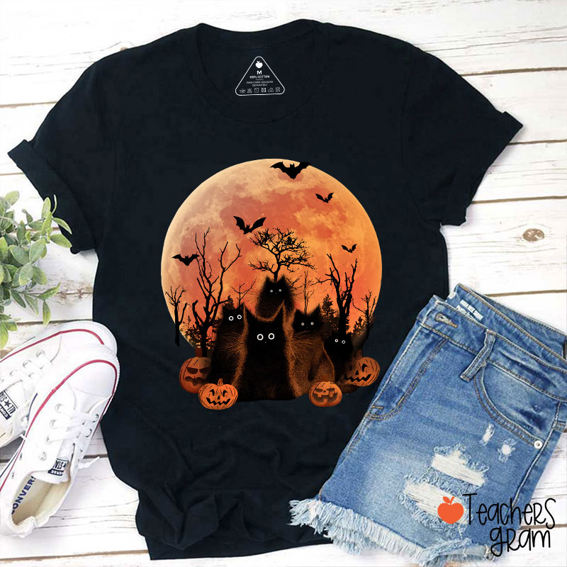 Black Cat Halloween Teacher T-Shirt