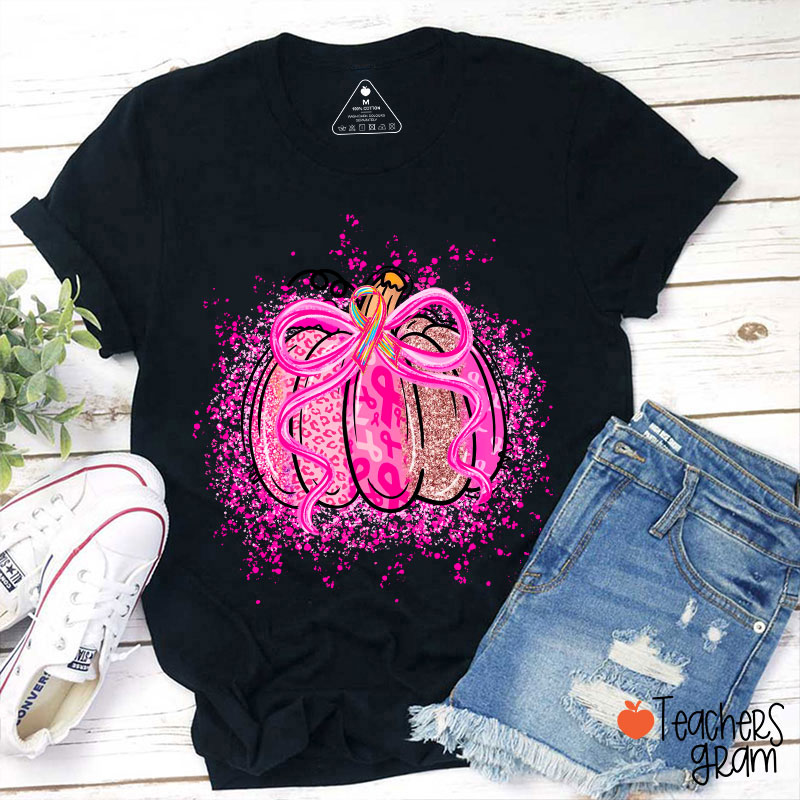 Pumpkin Theme Pink Ribbon Teacher T-Shirt
