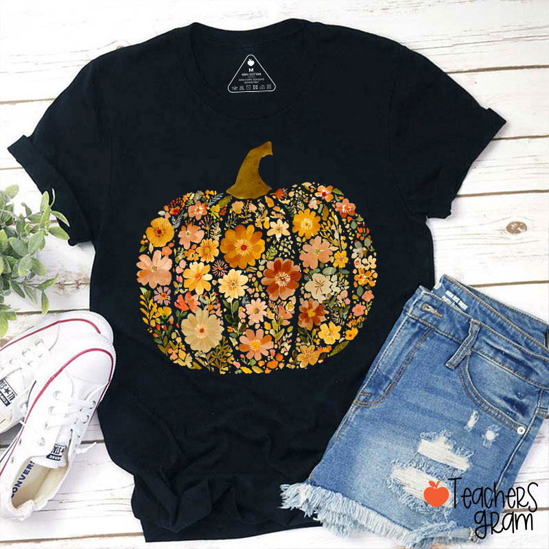 Pumpkin Orange Flowers Grass Teacher T-Shirt