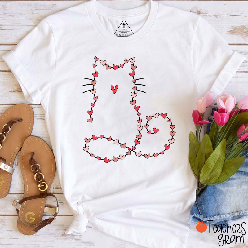 Lovely Cat With Red Hearts For Valentine Teacher T-Shirt