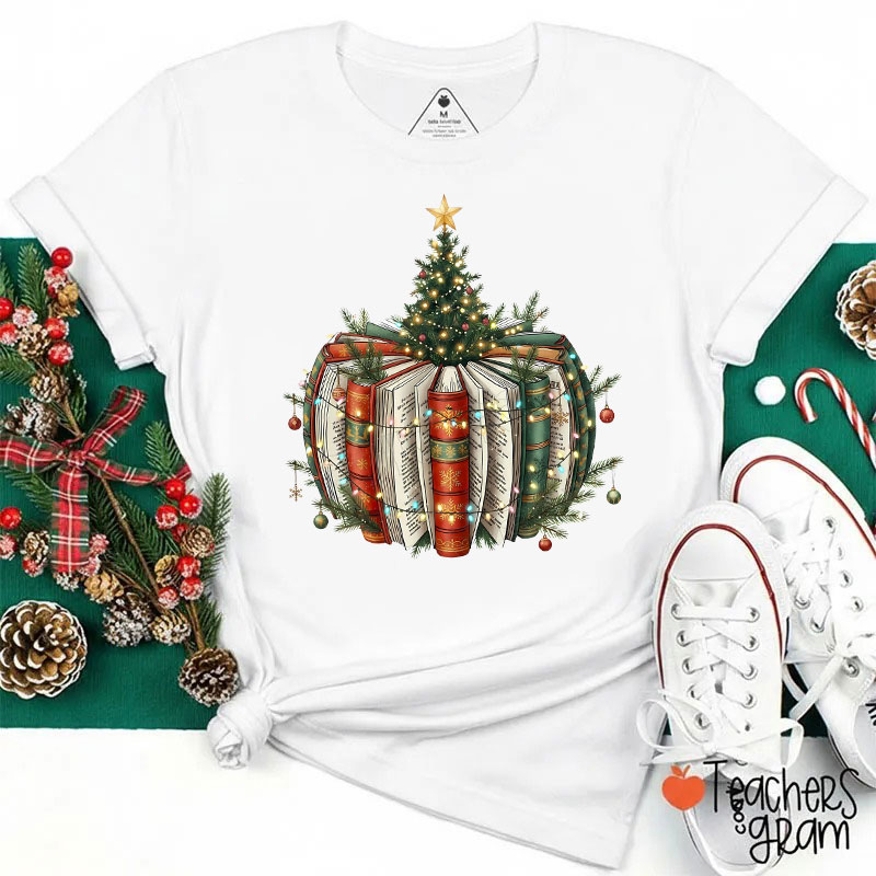 Bookish Christmas Tree Teacher T-Shirt