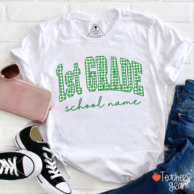 Personalized Grade And School Name Gingham Arch Letter Teacher T-Shirt