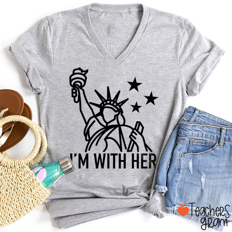 I'm With Her Teacher Female V-Neck T-Shirt