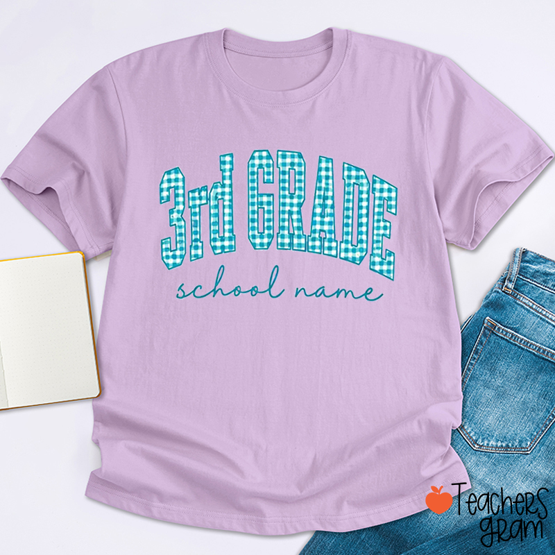 Personalized Grade And School Name Gingham Arch Letter Teacher T-Shirt