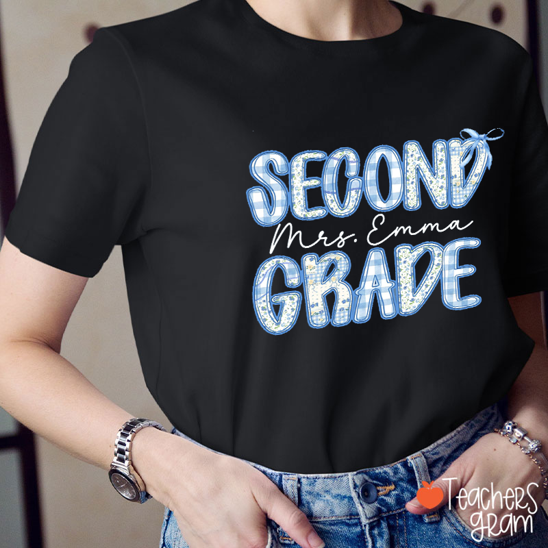 Personalized Grade And Name Blue Font Teacher T-Shirt