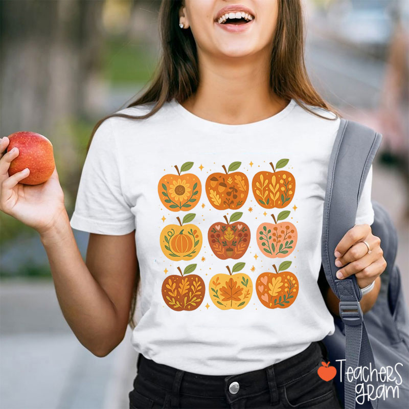 Floral Autumn Apple Teacher T-Shirt