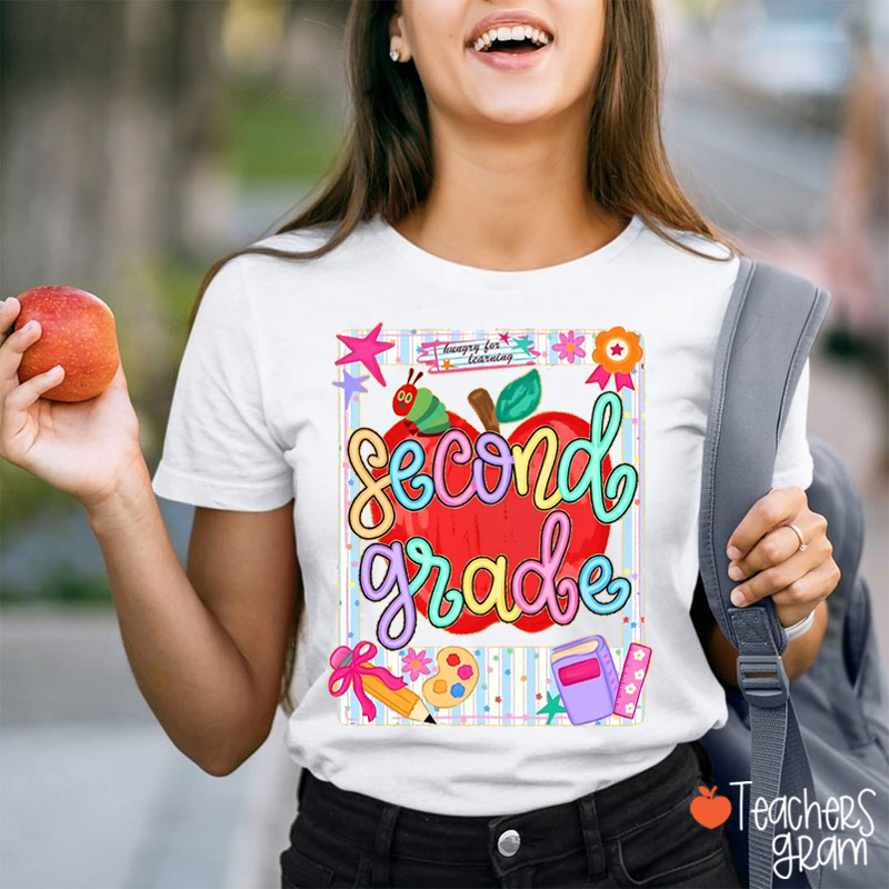 Personalized Grade Apple Caterpillar School Supply Frame Teacher T-Shirt