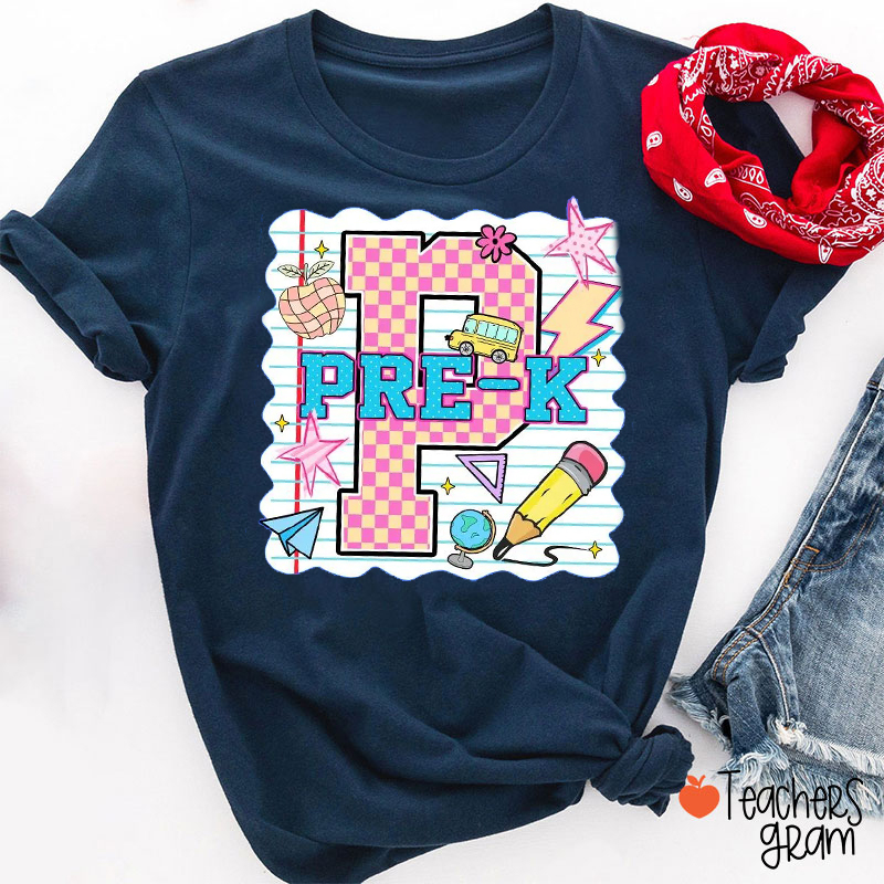 Personalized Pink Plaid And Notebook Style Teacher T-Shirt