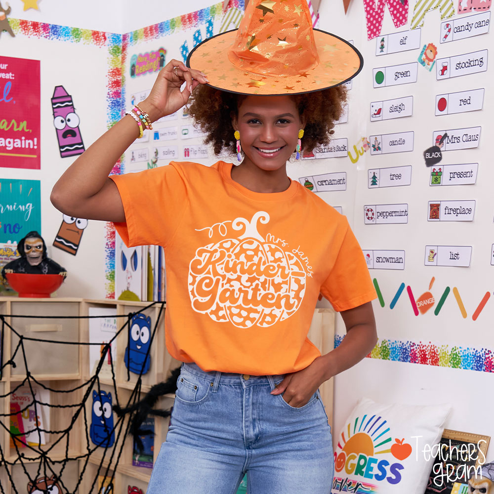 Personalized Leopard Pumpkin Autumn Teacher T-Shirt