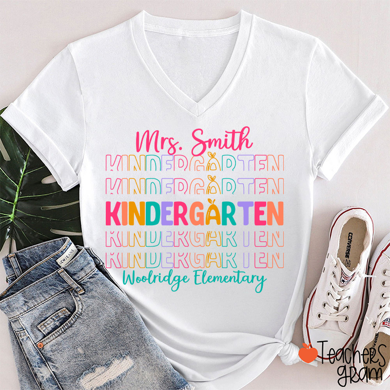 Personalized Colorful Apple Teacher Female V-Neck T-Shirt