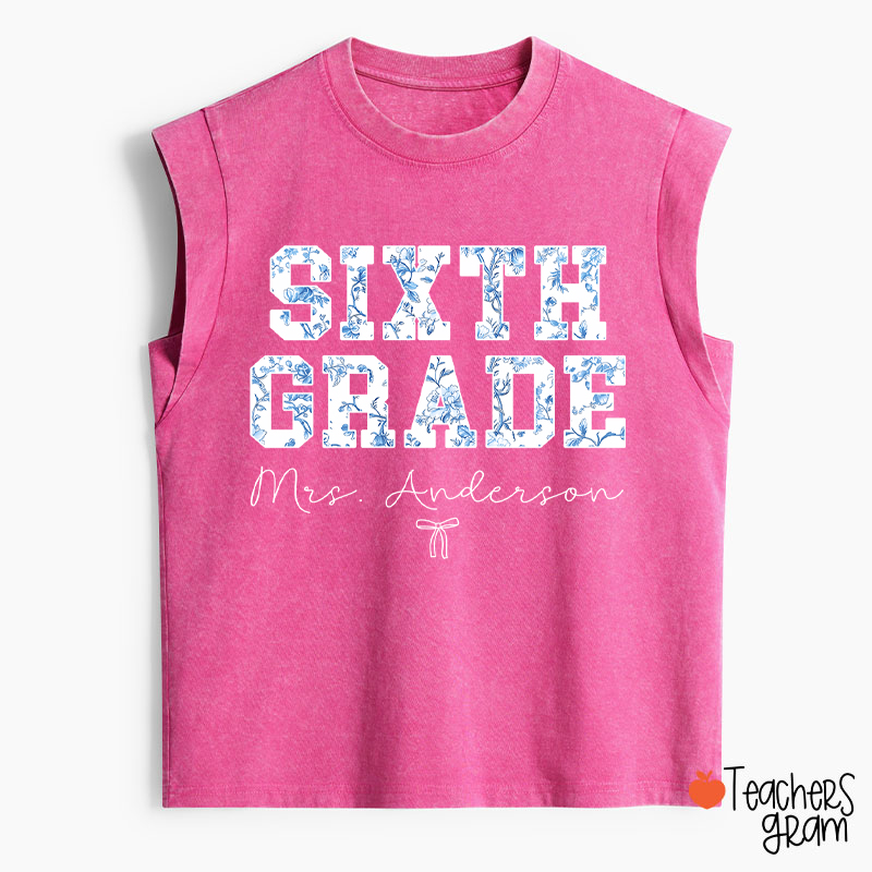 Personalized Name And Grade Trendy Teacher Washed Tank Top