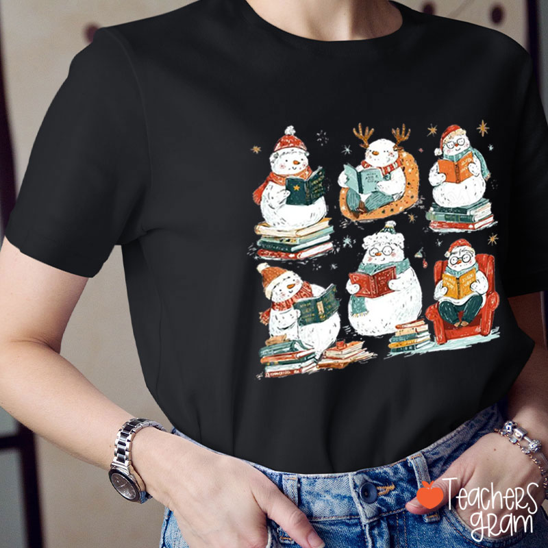 Snowman Reading Books Snow Day Supporters Teacher T-Shirt