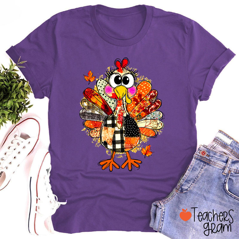 Collage Of Flowers And Thanksgiving Turkey Teacher T-Shirt