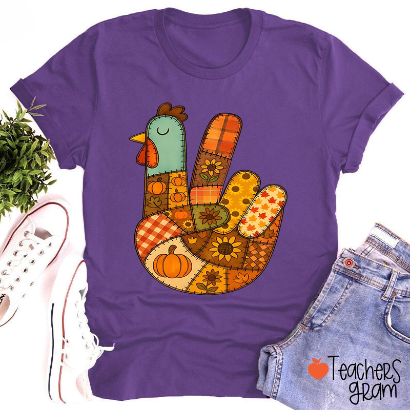 Retro Patchwork Turkey Teacher T-Shirt