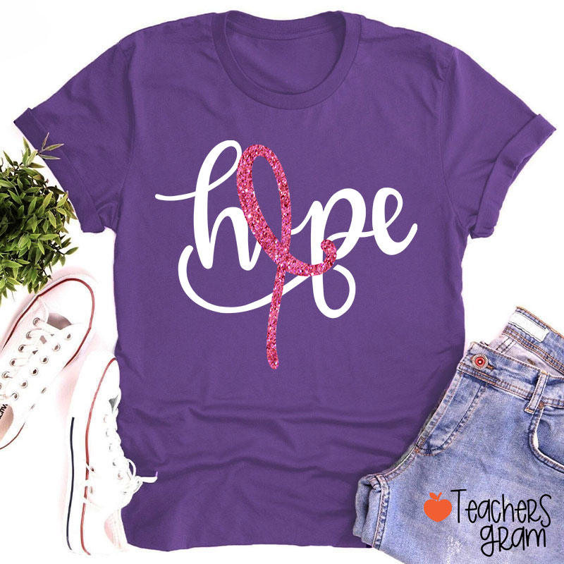 Pink Ribbon Hope Breast Cancer Teacher T-Shirt