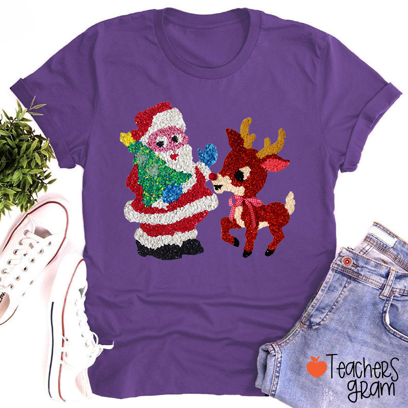 Santa And Rudolph Faux Melted Plastic Teacher T-Shirt