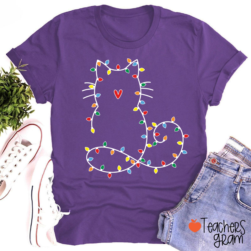Cute Cat Christmas Lights Teacher T-Shirt