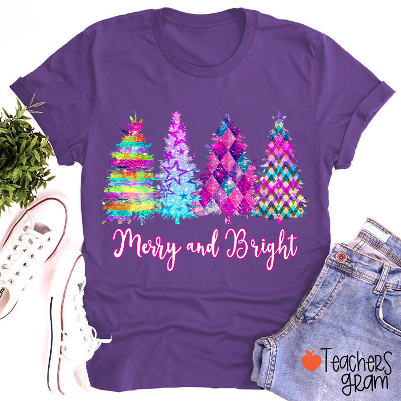 Merry And Bright Colorful Christmas Tree Teacher T-Shirt