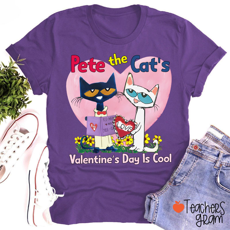 Blue And White Cat Valentine's Day Is Cool Teacher T-Shirt