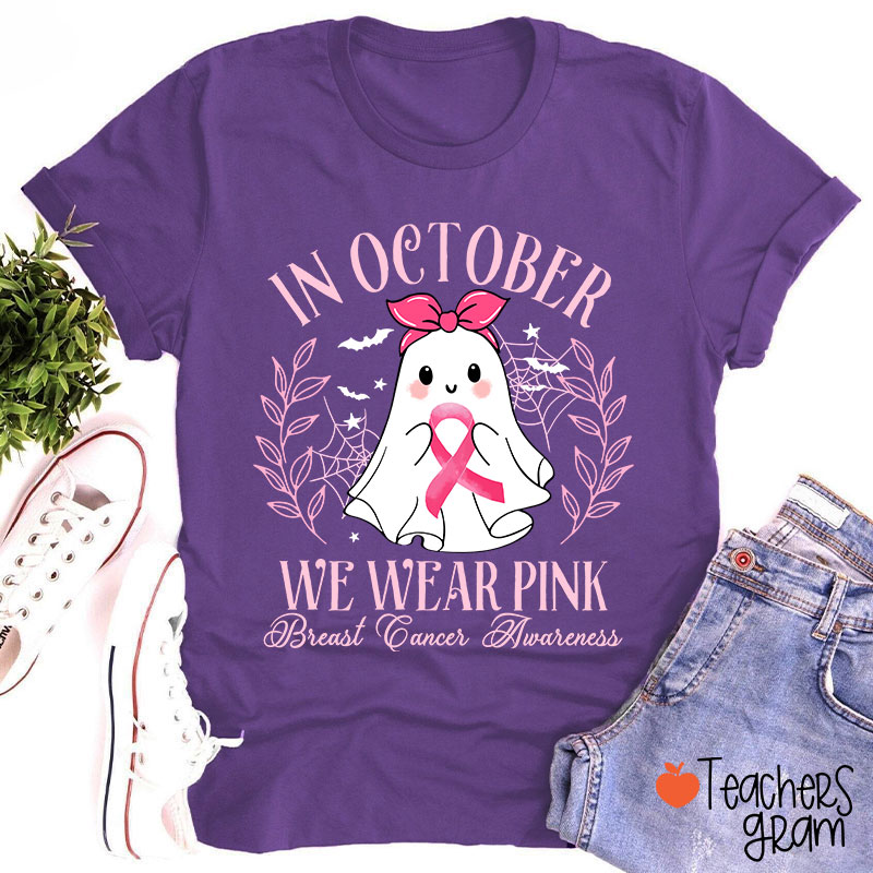 Halloween Ghost Breast Cancer Awareness Teacher T-Shirt
