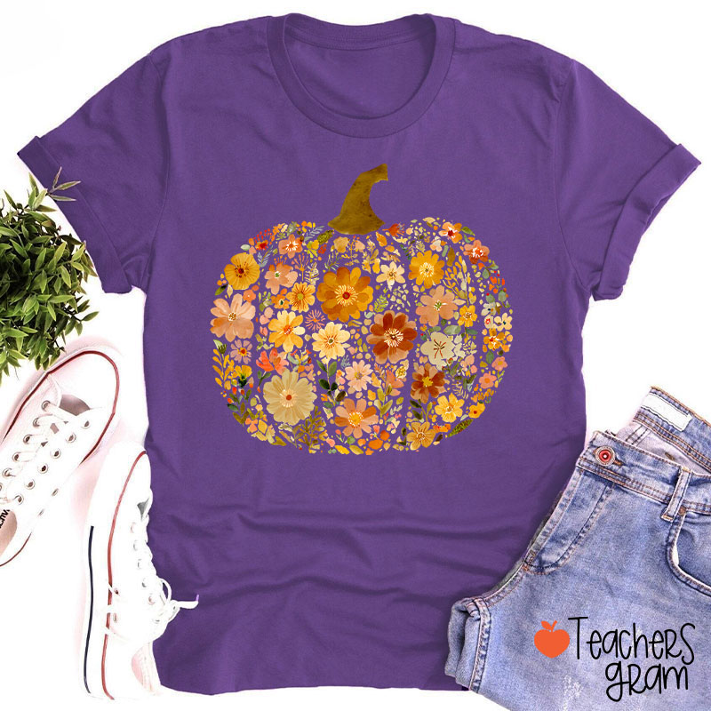 Pumpkin Orange Flowers Grass Teacher T-Shirt