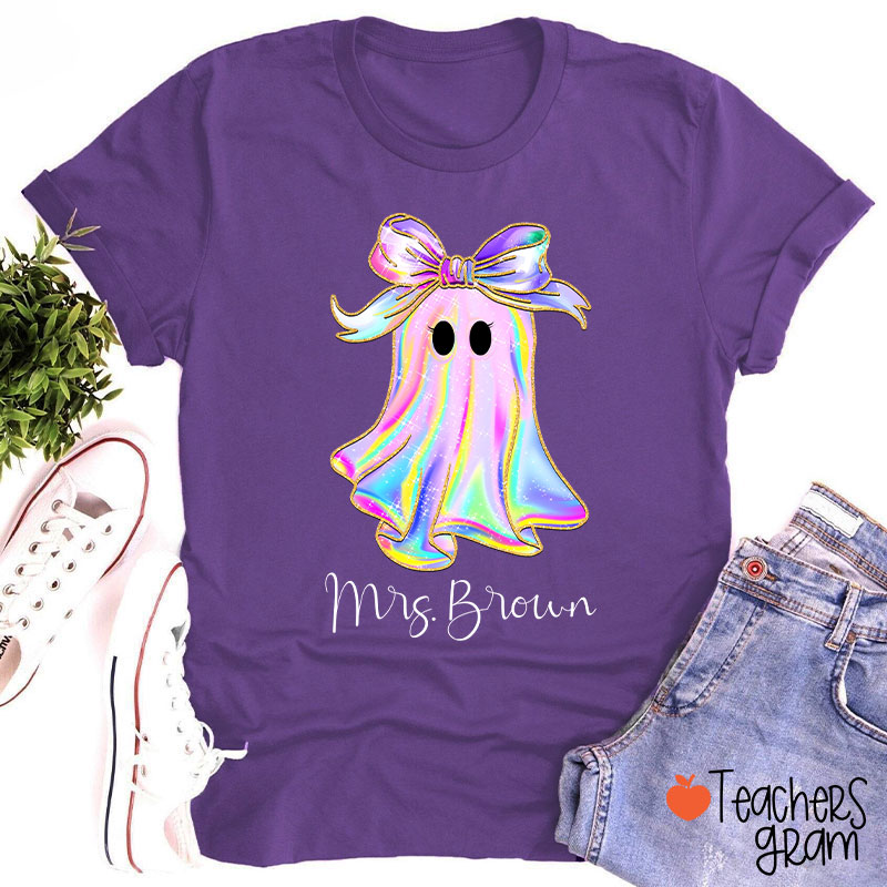 Personalized Name Colorful Neon Bow Ghost Teacher T-Shirt