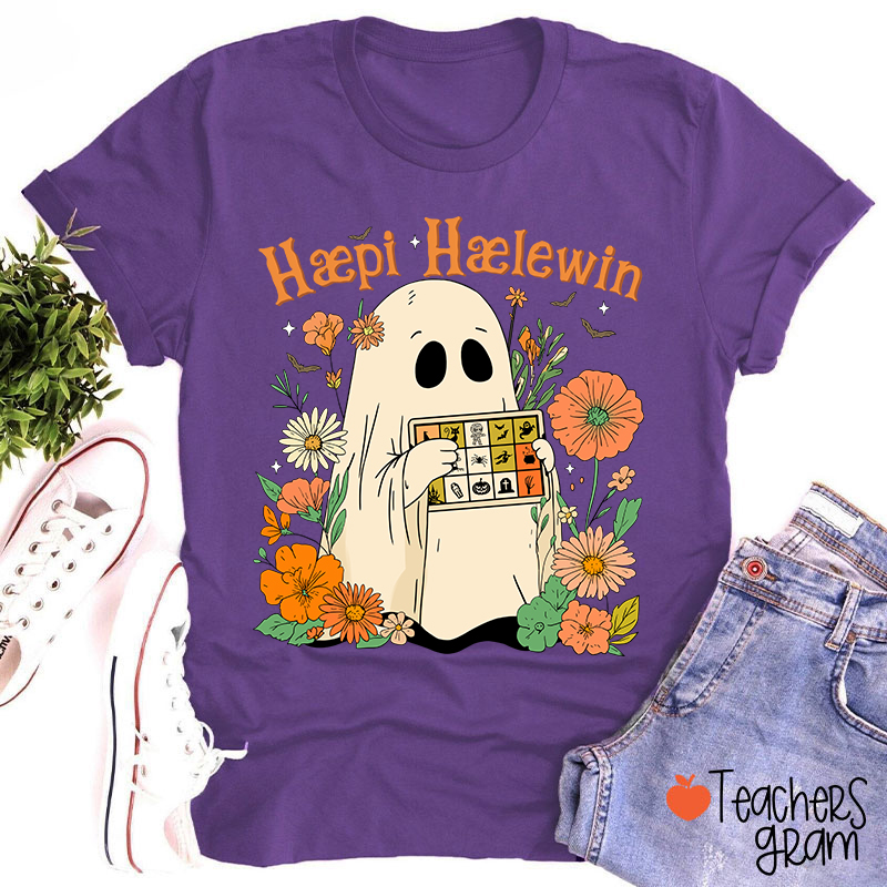 Happy Halloween Ghost With Floral Teacher T-Shirt
