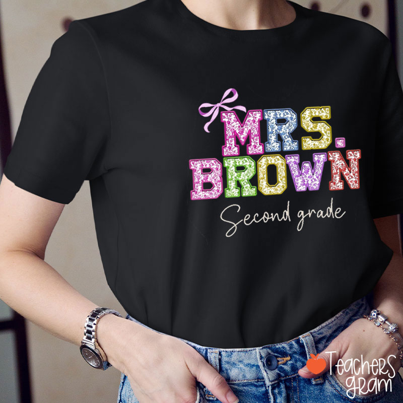 Personalized Colorful Floral Print Name And Grade Teacher T-Shirt