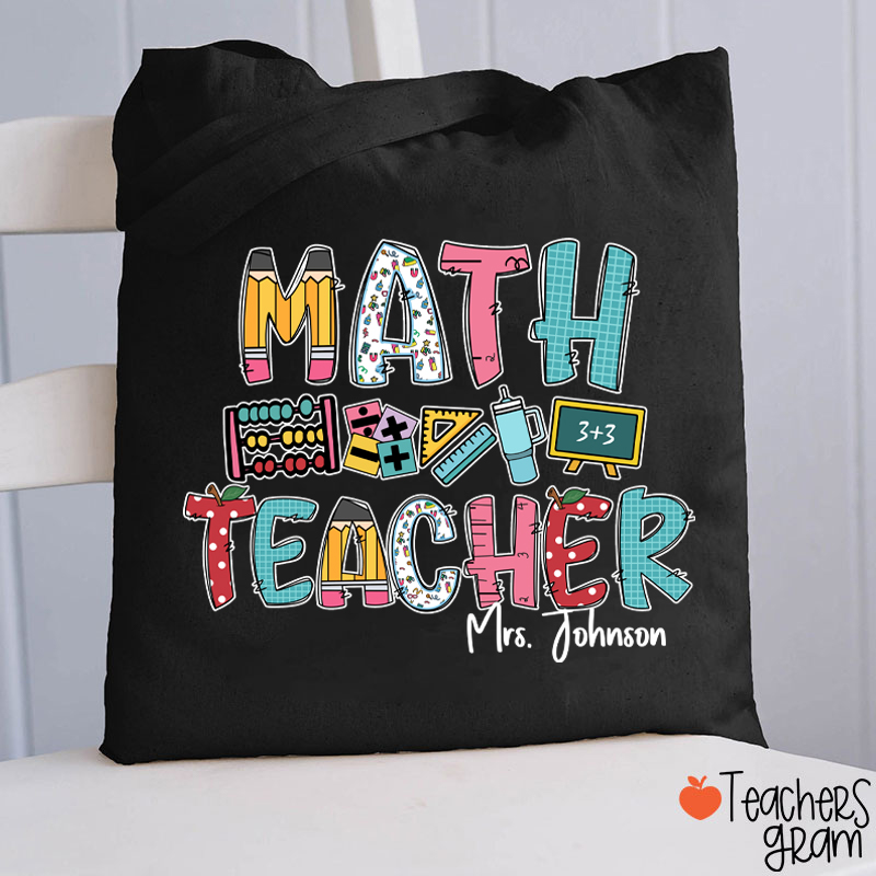 Personalized Math Teacher's Name Cute Math Icon Teacher Tote Bag