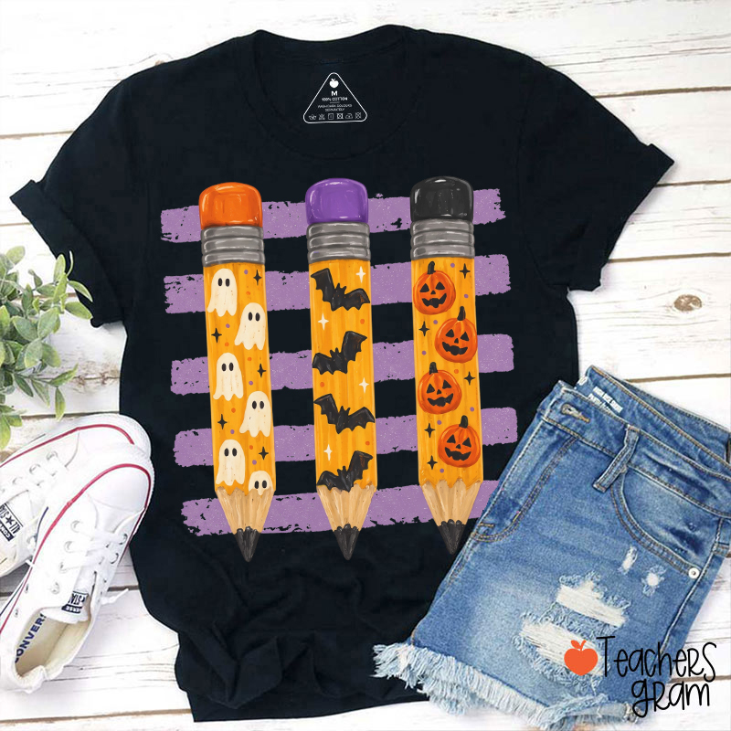 Ghost Bat Pumpkin Halloween Pencils Teacher T-Shirt