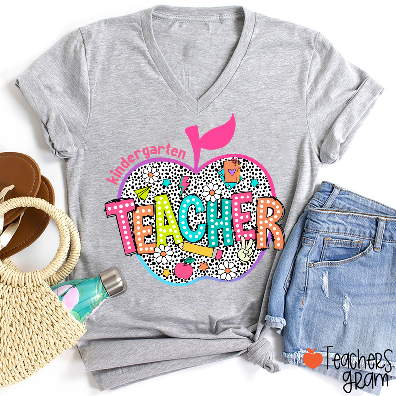 Personalized Neon Leopard Apple Grade Teacher Female V-Neck T-Shirt