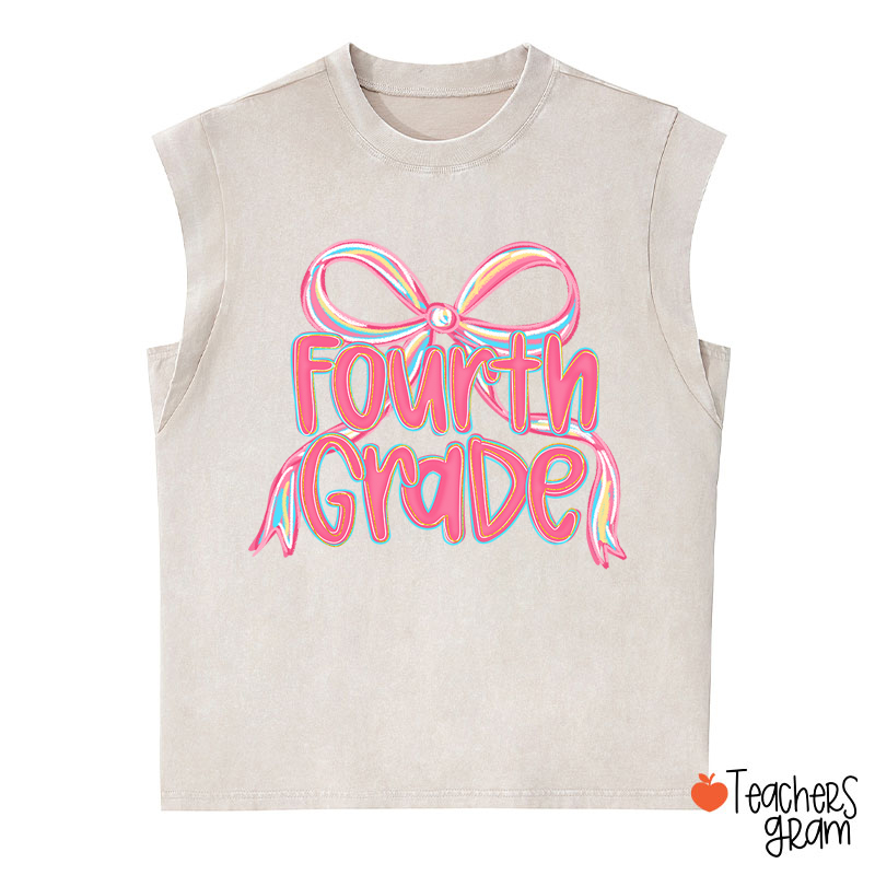 Personalized Grade Pink Bow Teacher Washed Tank Top