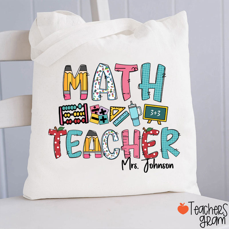 Personalized Math Teacher's Name Cute Math Icon Teacher Tote Bag
