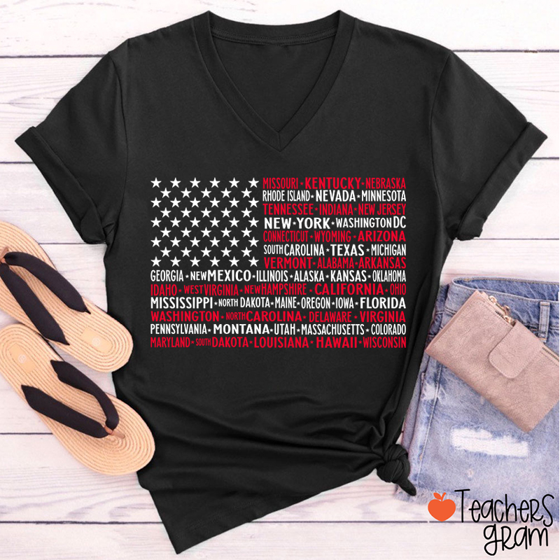 Vintage American Flag 4th Of July Teacher Female V-Neck T-Shirt