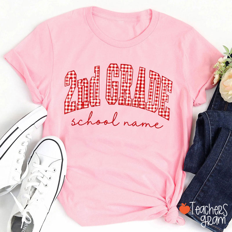 Personalized Grade And School Name Gingham Arch Letter Teacher T-Shirt