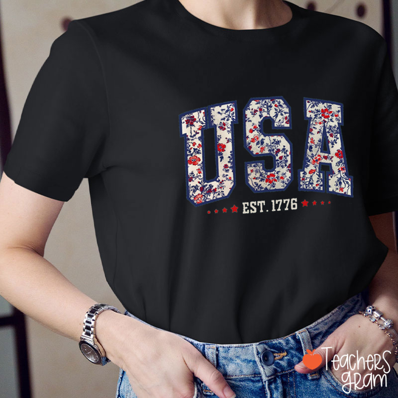 Retro Floral USA Teacher T-Shirt