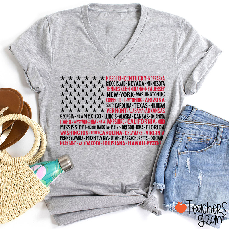 Vintage American Flag 4th Of July Teacher Female V-Neck T-Shirt