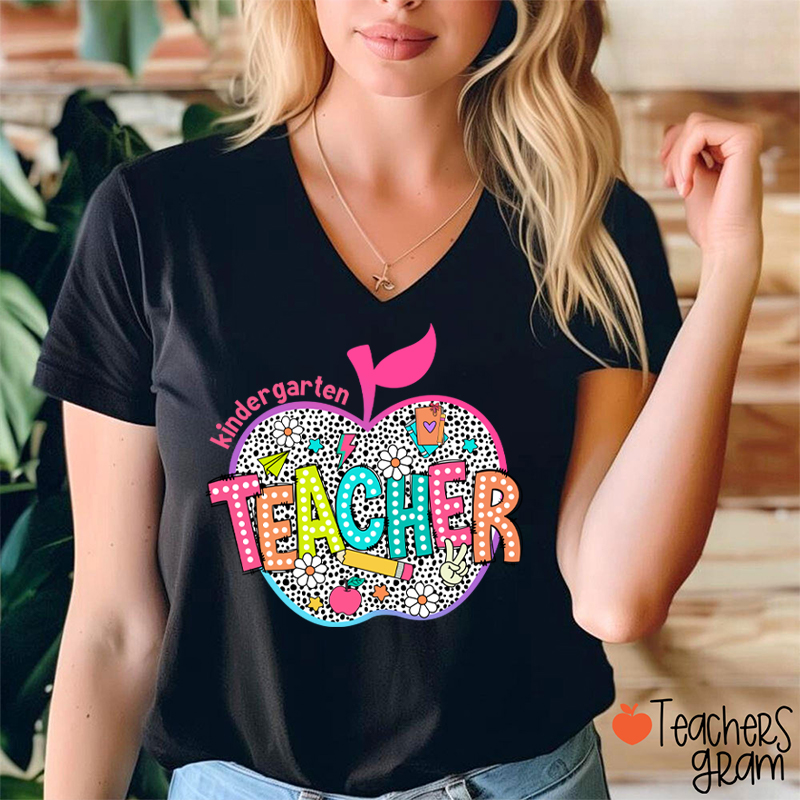 Personalized Neon Leopard Apple Grade Teacher Female V-Neck T-Shirt