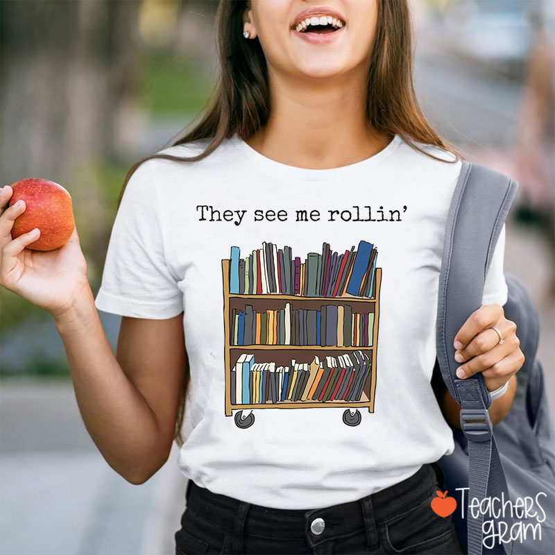 Rolling Bookcase Teacher T-Shirt