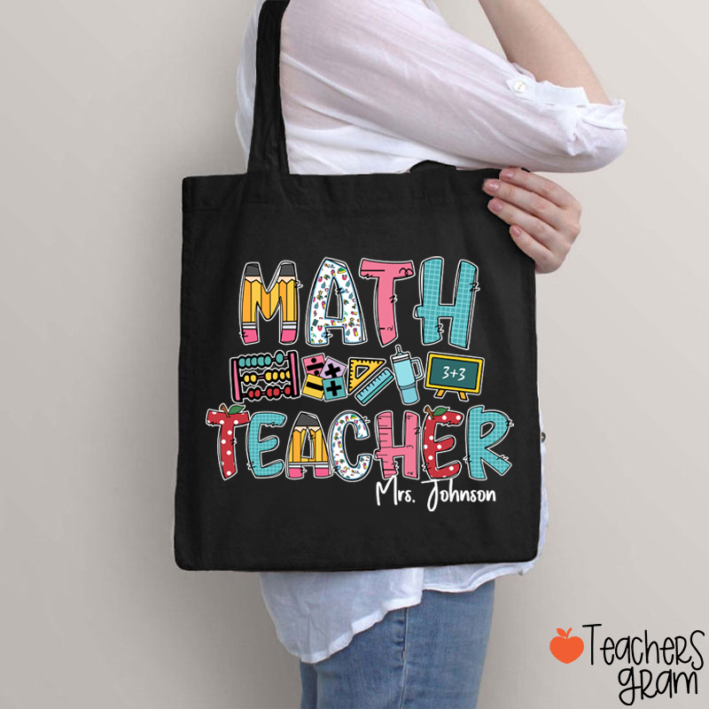 Personalized Math Teacher's Name Cute Math Icon Teacher Tote Bag