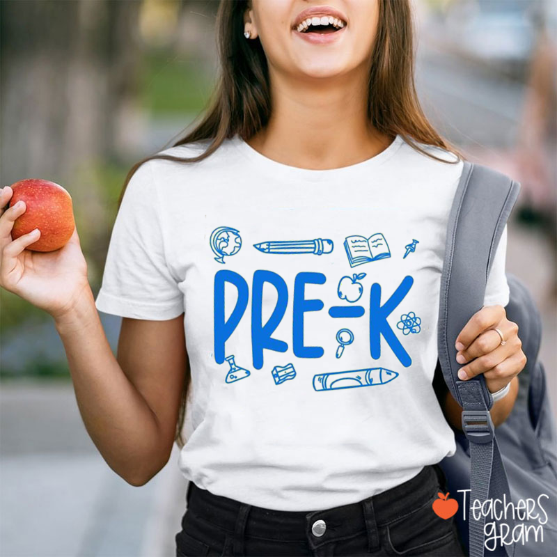 Personalized Grade Pencil Book Icons Teacher T-Shirt