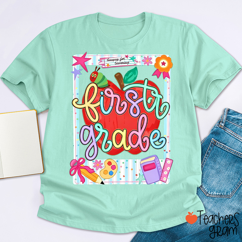 Personalized Grade Apple Caterpillar School Supply Frame Teacher T-Shirt
