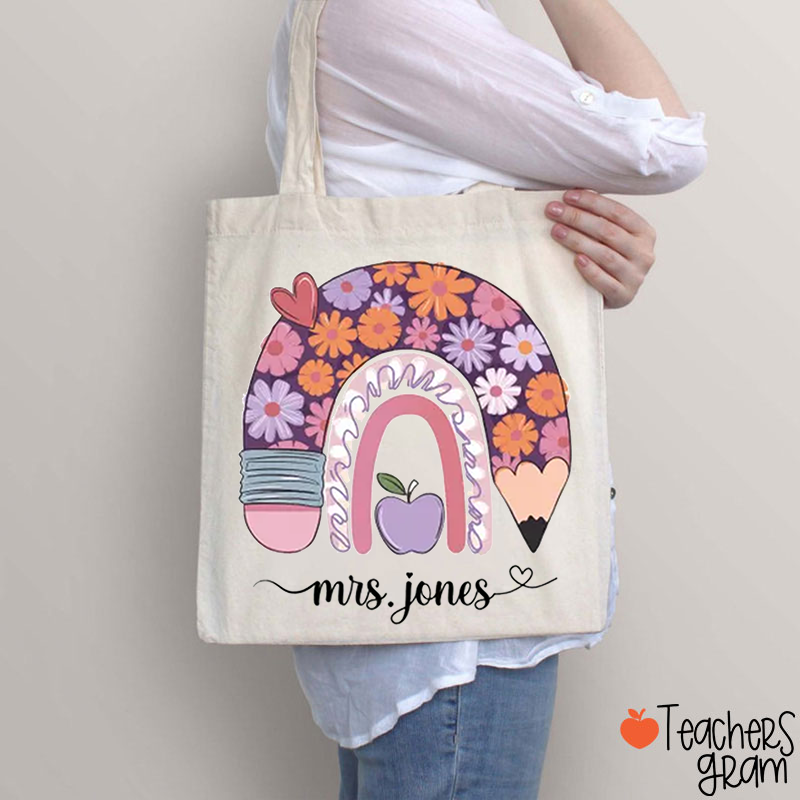 Personalized Flower Pencil Rainbow Teacher Tote Bag