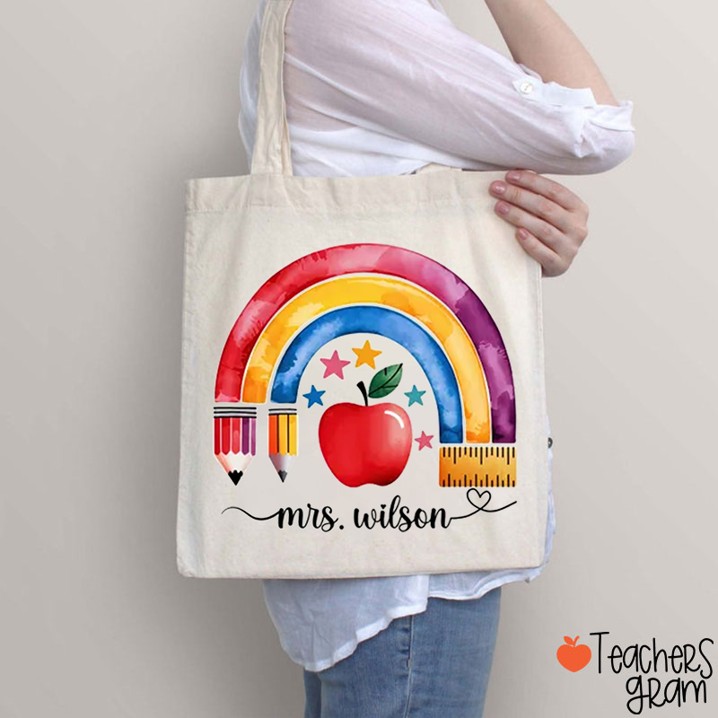 Personalized Pencil Apple Rainbow Teacher Tote Bag