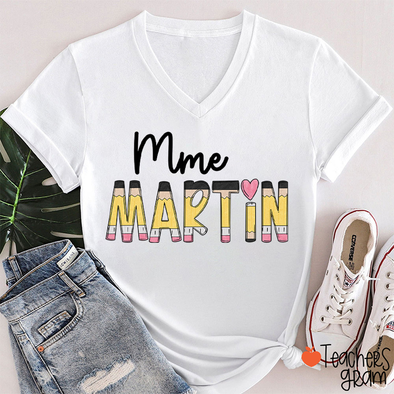Personalized Pencil Name Teacher Female V-Neck T-Shirt