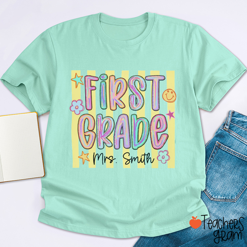 Personalized Grade And Name Stripes Neon Teacher T-Shirt